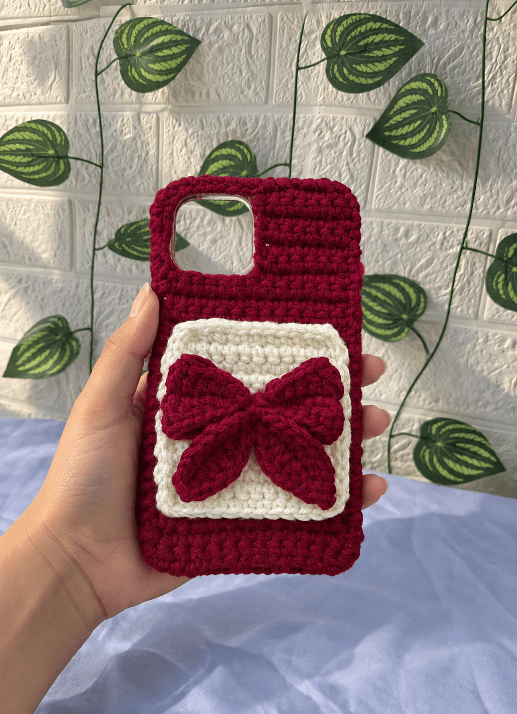 π Burgundy Bow Crochet Phone Case